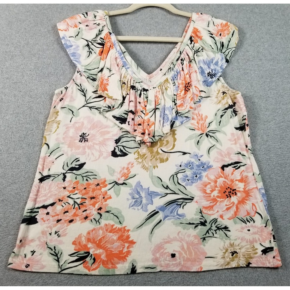 LOFT Tank Top Womens Medium M Floral Ruffle Double V-Neck Sleeveless Spring Knit